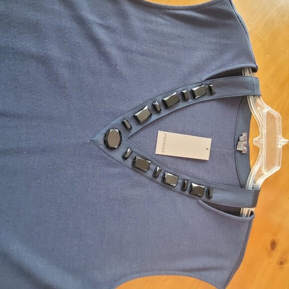 Navy Blue Wool Embellished Dress - Picture 3 of 6